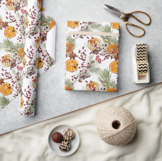 Papier Cadeau Citrus Orange Pine Berry Noël (Artisanat)