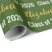 Papier Cadeau Classe de 2025 et nom du diplômé Vert Blanc Or (Coin rond)