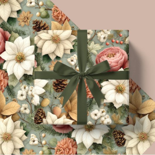 Papier Cadeau Classic Christmas Pink and Sage Green Floral Gift