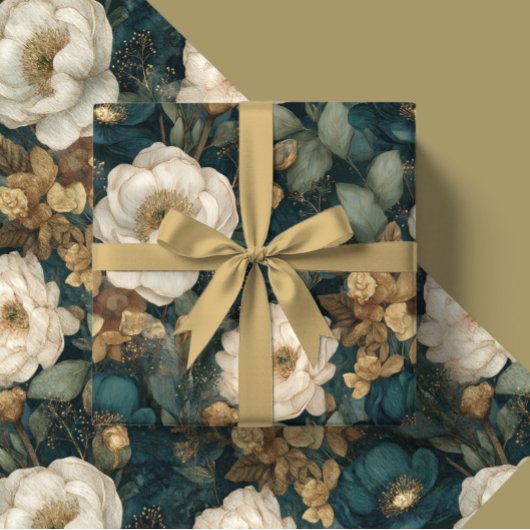 Papier Cadeau Classic Christmas Winter Green and White Floral