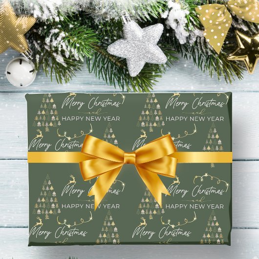 Papier Cadeau Classic Green Doodle Christmas Tree Reindeer Stars