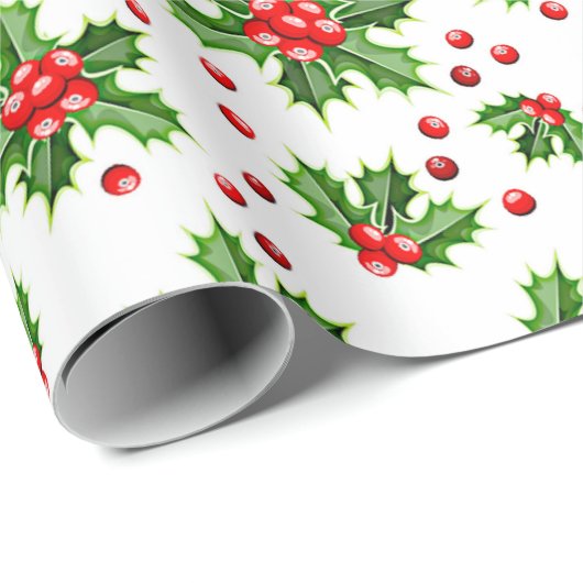 Papier Cadeau Classic Holiday Holly Tree Feuilles Berries Motif (Coin rond)