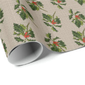 Papier Cadeau Classic Holly avec baies rouges sur le sol en lin (Coin rond)