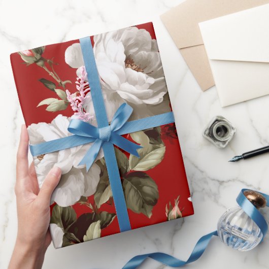 Papier Cadeau Classic Red Rose White Floral Pattern (Cadeaux)