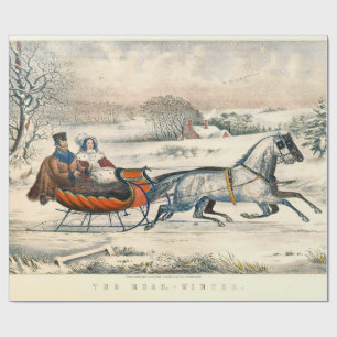 Papier Cadeau Classique 1853 Promenade en traîneau Currier Ives