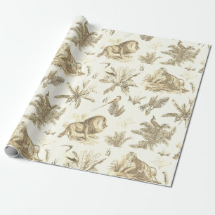 Papier Cadeau Classique Elégant Topique Safari Lion Toile Beige
