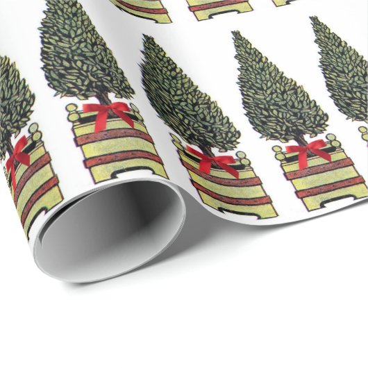 Papier Cadeau Classique Festif Arbre de Noël Topiary Bow Rouge (Coin rond)