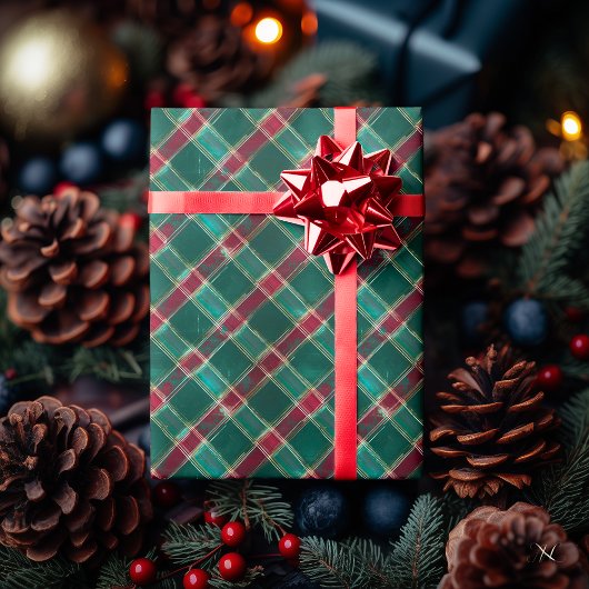 Papier cadeau classique tartan vert et rouge
