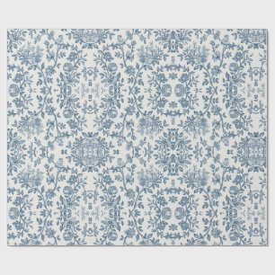Papier Cadeau Classique Vintage Français Gravé Floral Toile-Bleu