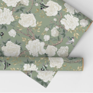 Papier Cadeau Classy Sage Vert Blanc Chinoiserie Fleurs Oiseaux