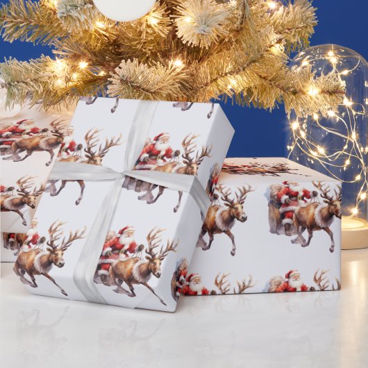 Papier Cadeau Clause du Père Noël avec un renne tirant son traîn (Vacances)