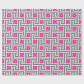 Papier Cadeau Clé grecque déco, gris et rose fuchsia (Plat)