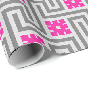 Papier Cadeau Clé grecque déco, gris et rose fuchsia