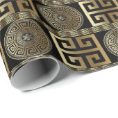 Papier Cadeau Clé grecque Or sur Géométrique Noire (Coin rond)
