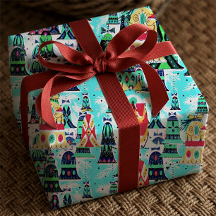 Papier Cadeau Cloche de Noël Aqua Rétro Festive