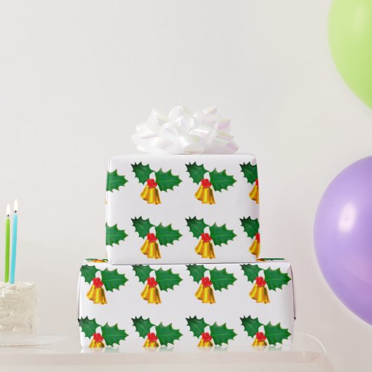 Papier cadeau Cloche dorée et houx (Cadeaux de fête)