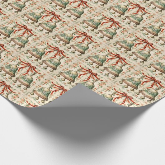 Papier Cadeau Cloche Verte Classique, Or, Clochette Rouge Bow (Coin)