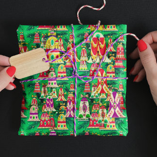 Papier Cadeau Cloches colorées rétro vintages et vertes de Noël