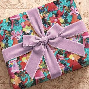 Papier Cadeau Cloches de Noël Aqua Rouge Rétro Festif