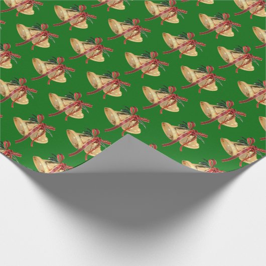 Papier Cadeau Cloches de Noël Or sur Vert (Coin)