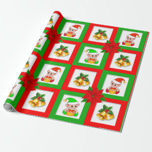 Papier Cadeau cloches de Noël, poinsettia, elfe sur fond vert et