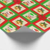 Papier Cadeau Cloches de Noël, poinsettia, elfes sur or (Coin)