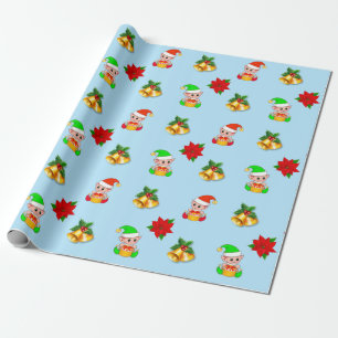 Papier Cadeau cloches de Noël, poinsettia et ornement d'elfe mig