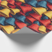 Papier Cadeau Cloches de Noël rouge, bleu et jaune (Coin)