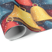 Papier Cadeau Cloches de Noël rouge, bleu et jaune (Coin rond)