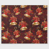 Papier Cadeau Cloches de Noël, Rouge & Or (Plat)