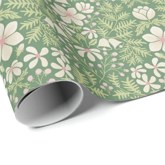 Papier Cadeau Cloches et baies Flore de Noël en vert vif (Coin rond)