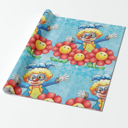 Papier Cadeau Clown Avec Fleurs Enveloppant Papier (Déroulé)