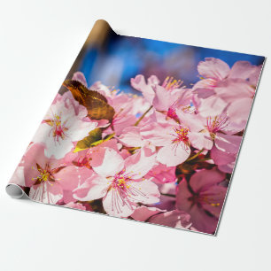 Papier Cadeau Cluster De Fleurs De Cerisiers Rose, Ciel Bleu