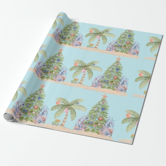 Papier Cadeau Coastal Christmas Palm Tree Gift Wrap – Ocean Holi (Déroulé)