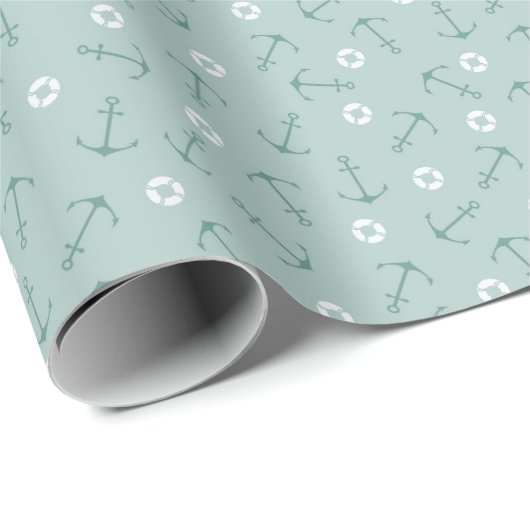 Papier Cadeau Coastal Nautical Small Anchors Tossed - Mint Green (Coin rond)