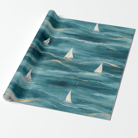 Papier Cadeau Coastal Sailboat Waves Nautical Pattern (3) (Déroulé)