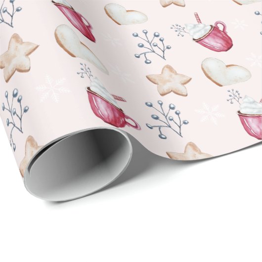 Papier Cadeau Coca Chaud De Noël Et Cookies Aquarelle (Coin rond)