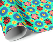 Papier Cadeau Coccinelles et fleurs colorées (Coin rond)