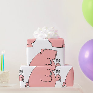 Papier Cadeau Cochon affamé drôle tenant une fourchette et un co
