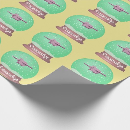 Papier Cadeau Cochon volant enneigé globe jaune rose vert (Coin)