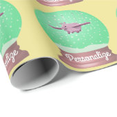 Papier Cadeau Cochon volant enneigé globe jaune rose vert (Coin rond)