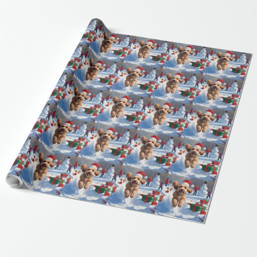Papier Cadeau Cockapoo courant dans la neige avec un chapeau de (Déroulé)