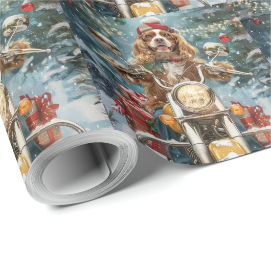Papier Cadeau Cocker Spaniel Chien équitation Moto Noël (Coin rond)