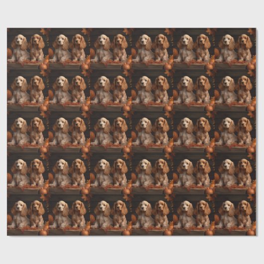 Papier Cadeau Cocker Spaniel Puppy Automne Citrouille de plaisir (Plat)