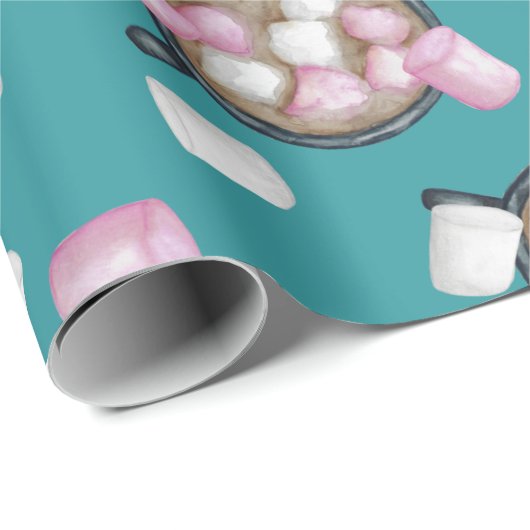 Papier Cadeau Cocoa marshmallow chocolat chaud boug hiver turquo (Coin rond)