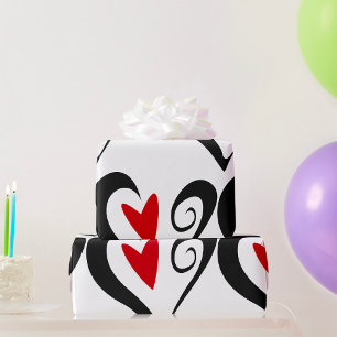 Papier Cadeau Cœur Abstrait Rouge et Noir Moderne Romantique