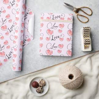 Papier Cadeau Cœur aquarelle rose mignon avec texte Amour