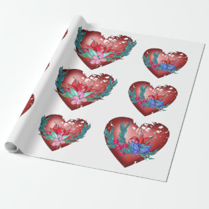 Papier Cadeau Coeur avec fleurs bleues et rouges et branches ver