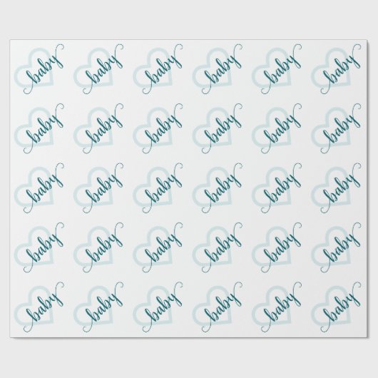 Papier Cadeau Coeur bébé | Script turquoise de floraison verte d (Plat)