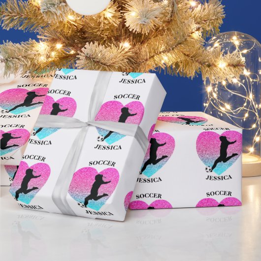 Papier Cadeau Coeur de fille de football avec nom (Vacances)
